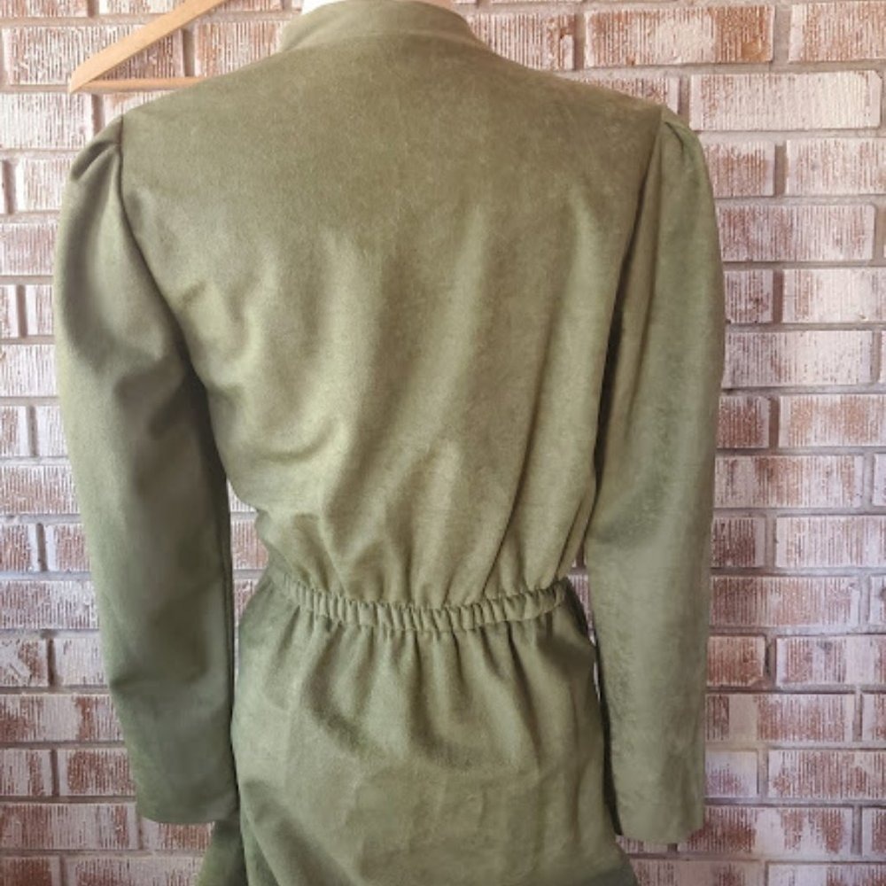 Vintage Green Wrap Dress Coral Trim Button Waist Pockets Long Sleeve Midi - Picture 6 of 6